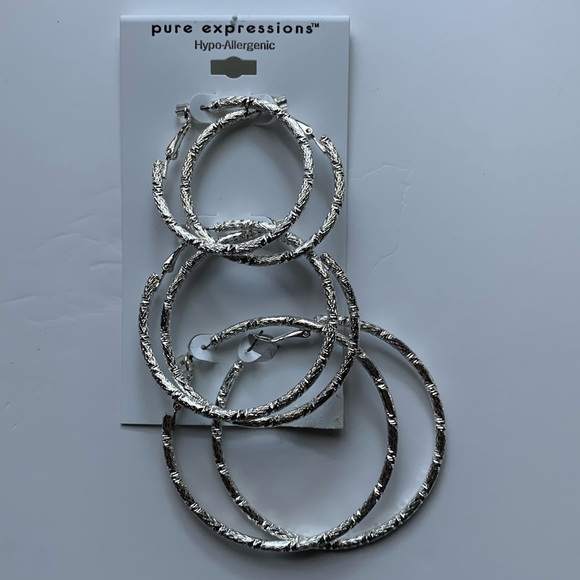 Pure Expressions Hypo-Allergenic Silver Tone Texture Hoop Earrings Set of 3 - Picture 1 of 12